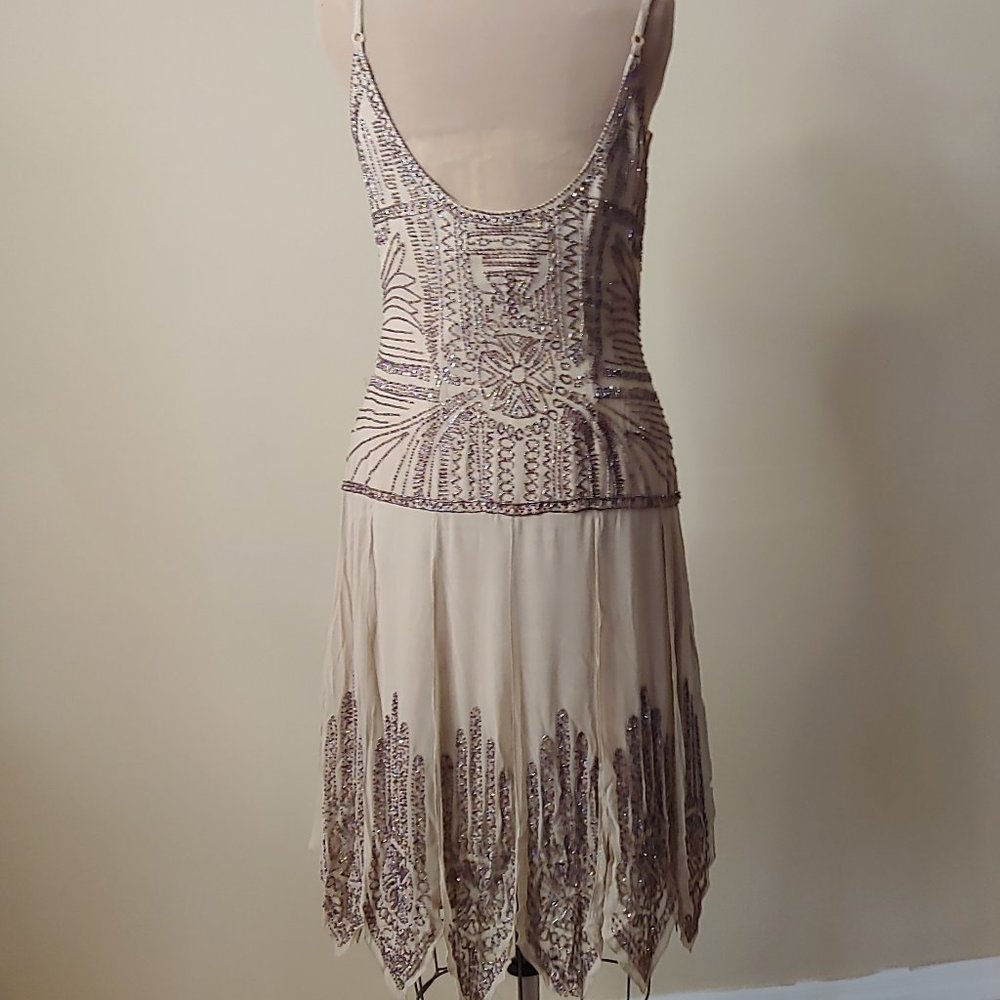 NWT Light Brown Scala Beaded Flapper Short Dress - Picture 3 of 5